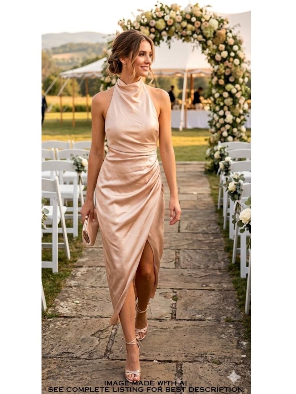 Billy J Backless Halter Dress 14 Draped High Slit Pinky Champagne Wedding Grad